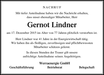 Traueranzeige von Gernot Lindner von Südthüringer Presse