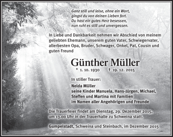 Traueranzeige von Günther Müller von Südthüringer Presse