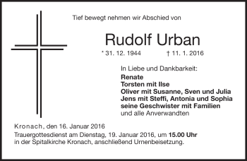 Traueranzeige von Rudolf Urban von Neue Presse Coburg