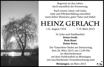 Traueranzeige von Heinz Gerlach von Südthüringer Presse