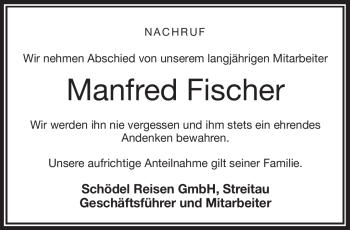 Traueranzeige von Manfred Fischer von Frankenpost