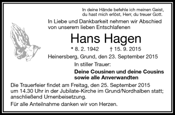Traueranzeige von Hans Hagen von Frankenpost