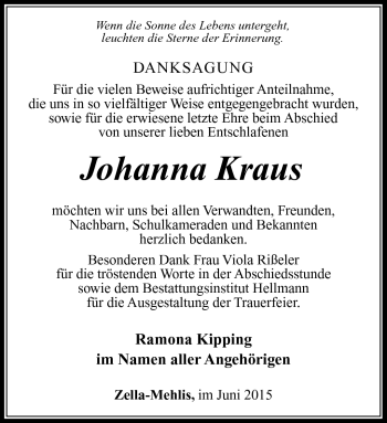 Traueranzeige von Johanna Kraus von Südthüringer Presse
