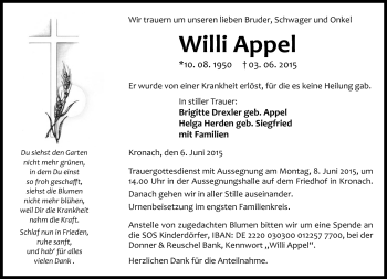 Traueranzeige von Willi Appel von Neue Presse Coburg