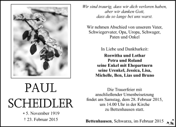 Traueranzeige von Paul Scheidler von Südthüringer Presse