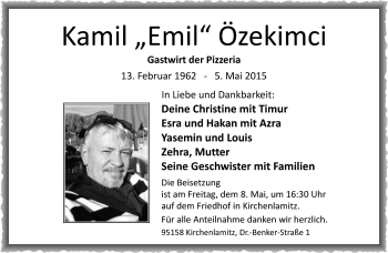 Traueranzeige von Kamal Özekimci von Frankenpost