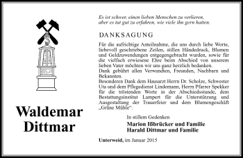 Traueranzeige von Waldemar Dittmar von Südthüringer Presse
