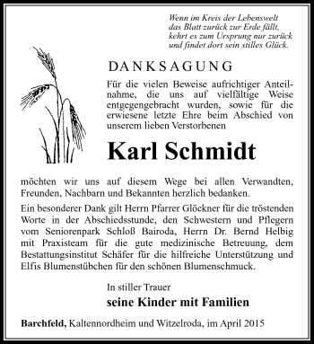 Traueranzeige von Karl Schmidt von Südthüringer Presse
