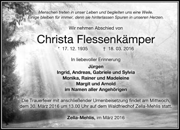 Traueranzeige von Christa Flessenkämper von Südthüringer Presse