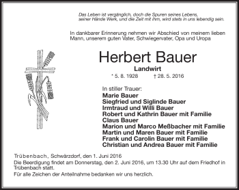 Traueranzeige von Herbert Bauer von Neue Presse Coburg