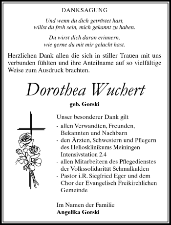 Traueranzeige von Dorothea Wuchert von Südthüringer Presse