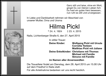 Traueranzeige von Hilma Pickl von Frankenpost