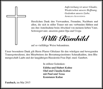 Traueranzeige von Willi Römhild von Südthüringer Presse
