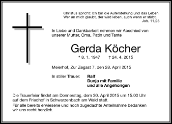 Traueranzeige von Gerda Köcher von Frankenpost