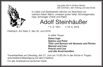 Traueranzeige von Adolf Steinhäußer von Frankenpost