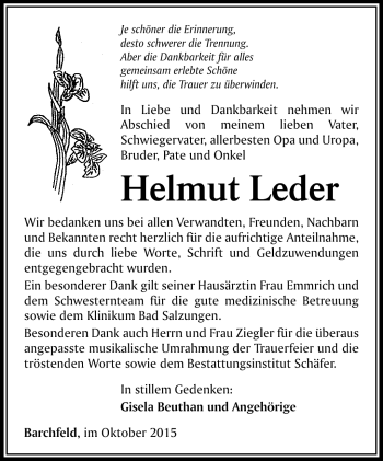 Traueranzeige von Helmut Leder von Südthüringer Presse