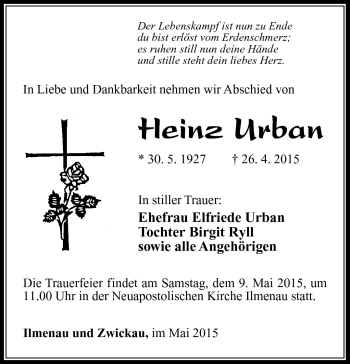 Traueranzeige von Heinz Urban von Südthüringer Presse