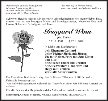 Traueranzeige von Irmgard Winn von Südthüringer Presse