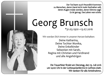 Traueranzeige von Georg Brunsch von Frankenpost