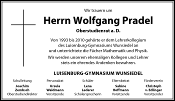 Traueranzeige von Wolfgang Pradel von Frankenpost
