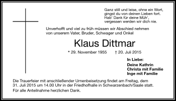 Traueranzeige von Klaus Dittmar von Frankenpost