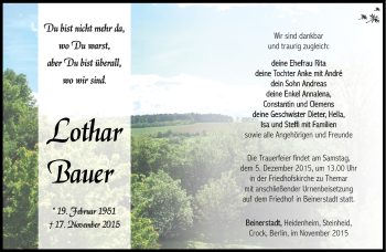 Traueranzeige von Lothar Bauer von Südthüringer Presse