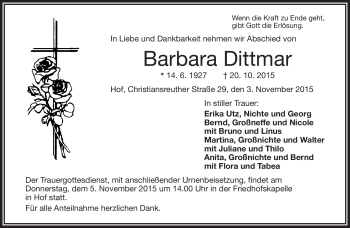 Traueranzeige von Barbara Dittmar von Frankenpost