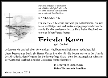 Traueranzeige von Frieda Karn von Südthüringer Presse