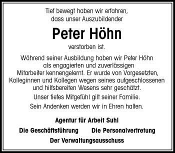 Traueranzeige von Peter Höhn von Südthüringer Presse