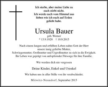 Traueranzeige von Ursula Bauer von Neue Presse Coburg