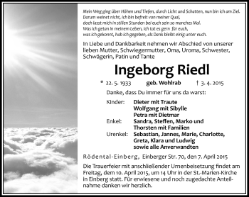 Traueranzeige von Ingeborg Riedl von Neue Presse Coburg