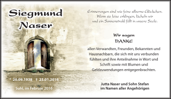 Traueranzeige von Siegmund Naser von Südthüringer Presse