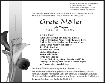 Traueranzeige von Grete Möller von Südthüringer Presse