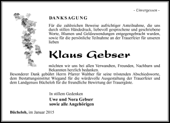 Traueranzeige von Klaus Gebser von Südthüringer Presse
