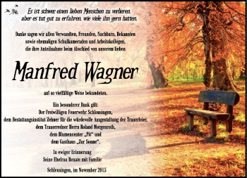 Traueranzeige von Manfred Wagner von Südthüringer Presse