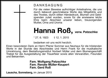 Traueranzeige von Hanna Roß von Südthüringer Presse