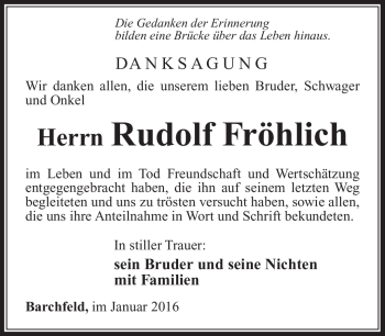 Traueranzeige von Rudolf Fröhlich von Südthüringer Presse