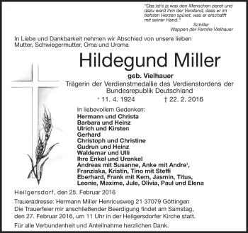 Traueranzeige von Hildegund Miller von Neue Presse Coburg
