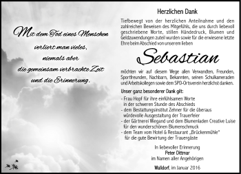 Traueranzeige von Sebastian Hunneshagen von Südthüringer Presse
