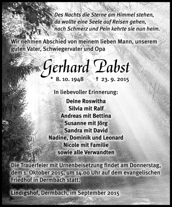 Traueranzeige von gerhard Pabst von Südthüringer Presse