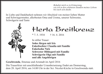 Traueranzeige von Herta Breitkreuz von Südthüringer Presse
