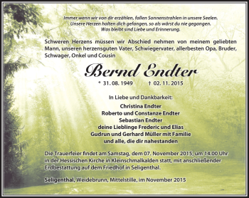 Traueranzeige von Bernd Endter von Südthüringer Presse