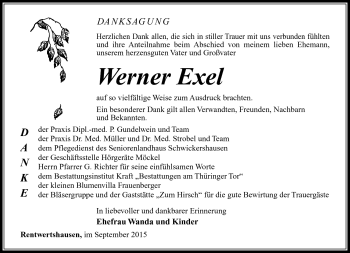 Traueranzeige von Werner Exel von Südthüringer Presse
