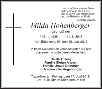 Traueranzeige von Milda Hohenberger von Frankenpost