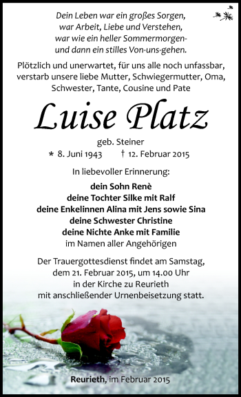 Traueranzeige von Luise Platz von Südthüringer Presse