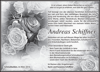 Traueranzeige von Andreas Schiffner von Südthüringer Presse