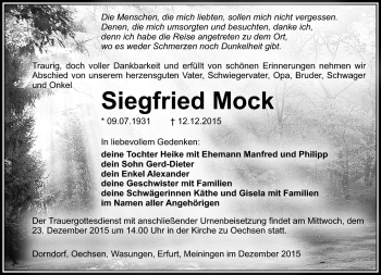 Traueranzeige von Siegfried Mock von Südthüringer Presse