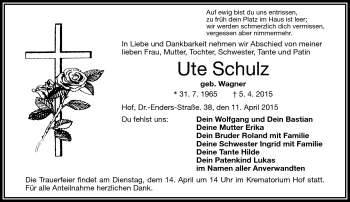 Traueranzeige von Ute Schulz von Frankenpost