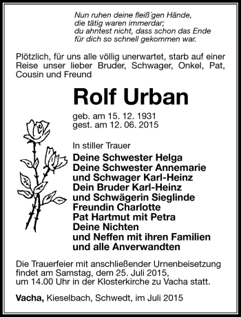 Traueranzeige von Rolf Urban von Südthüringer Presse