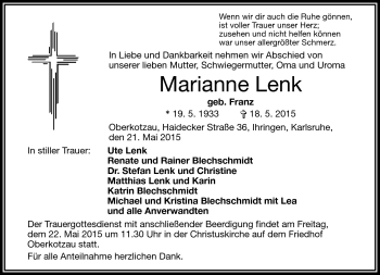 Traueranzeige von Marianne Lenk von Frankenpost